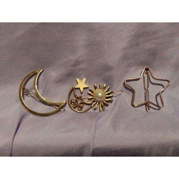 Crescent Moon Sun & Star Hair Clip Barrette Set Gold Tone Faux Pearl - Picture 1 of 4